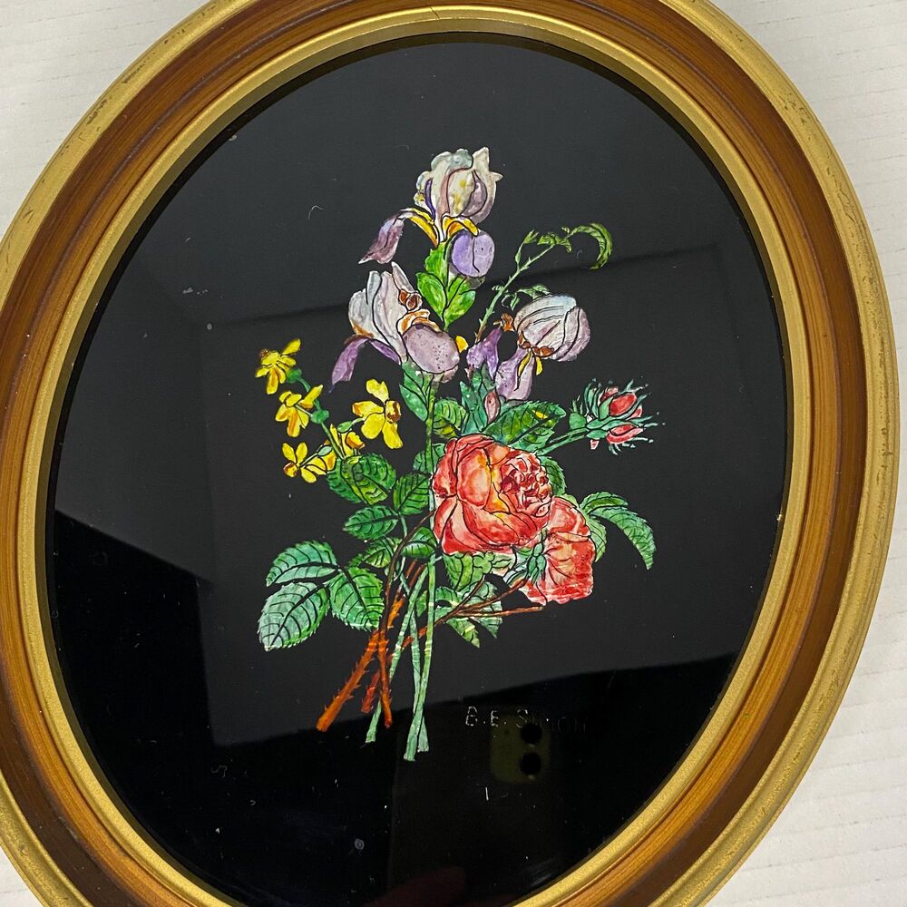 Vintage Floral Victorian Reverse Glass Tinsel Painting